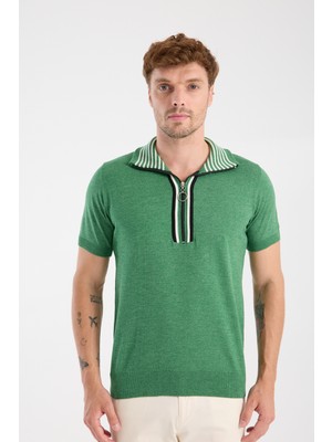A Club Aclub Foxtrot Örme Kumaş Viskon Karışımlı Slim Fit Yeşil Dik Yaka Erkek Düz Polo Shirt