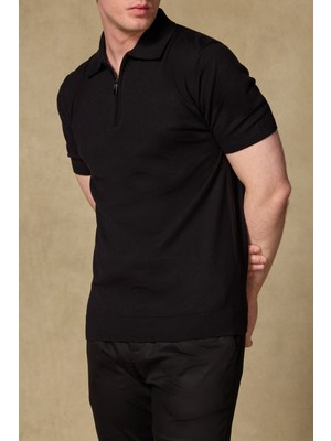 Abbate Mono Triko Polo Kaşmir Karışımlı Modern Fit Siyah Polo Yaka Erkek Düz Polo Shirt