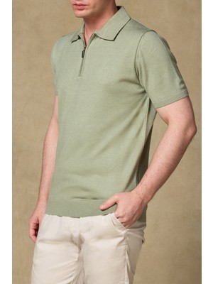 Abbate Mono Triko Polo Kaşmir Karışımlı Modern Fit Açık Yeşil Polo Yaka Erkek Düz Polo Shirt