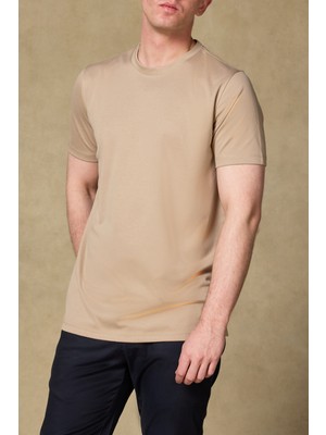 Abbate Palm Merserize Pamuklu Modern Fit Koyu Bej Bisiklet Yaka Erkek Düz Polo Shirt