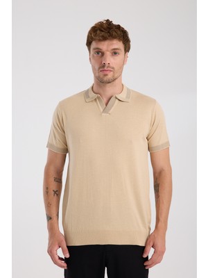 A Club Aclub Victor Örme Kumaş Viskon Karışımlı Slim Fit Koyu Bej Polo Yaka Erkek Düz Polo Shirt