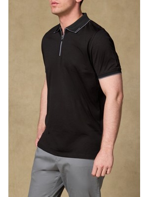 Abbate Nero Merserize Pamuklu Modern Fit Siyah Polo Yaka Erkek Düz Polo Shirt