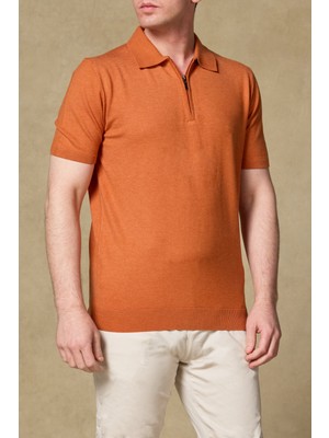 Abbate Mono Triko Polo Kaşmir Karışımlı Modern Fit Turuncu Polo Yaka Erkek Düz Polo Shirt