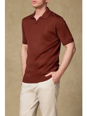 Abbate Lido Viskon Viskon Karışımlı Modern Fit Açık Kahverengi Jonny Polo Yaka Erkek Düz Polo Shirt