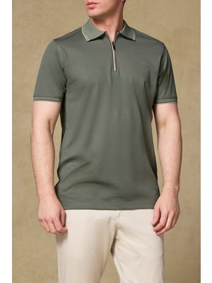 Abbate Nero Merserize Pamuklu Modern Fit Haki Polo Yaka Erkek Düz Polo Shirt