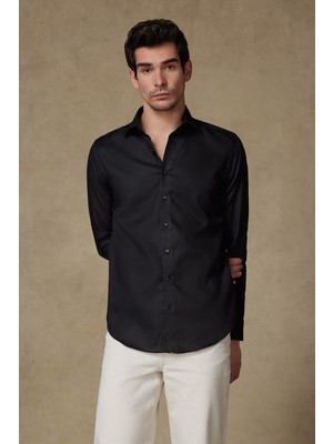 Abbate Donatello Saten Pamuklu Slim Fit Siyah Klasik Yaka Erkek Düz Gömlek