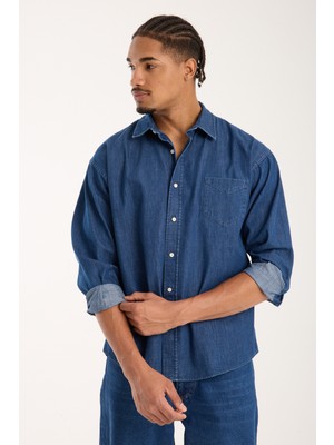 Bb Club Rio Denim Pamuklu Oversize Fit Lacivert Klasik Yaka Erkek Düz Gömlek