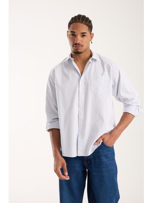 Bb Club Rio Oxford Pamuklu Oversize Fit Açık Mavi Klasik Yaka Erkek Çizgili Gömlek