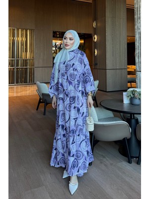 İmaj Butik Lila Yarım Düğmeli Kol Lastikli Desenli Viskon Elbise