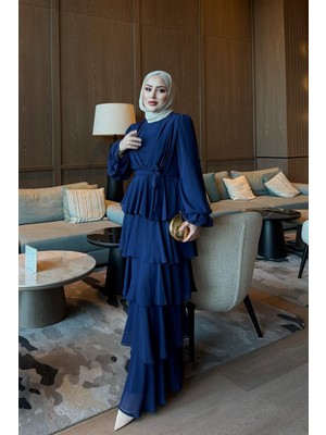 İmaj Butik Lacivert Eteği Katlı Abiye