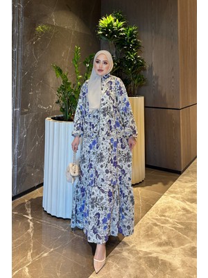 İmaj Butik Mor Yarım Düğmeli Kol Lastikli Desenli Viskon Elbise