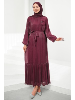 İmaj Butik Mürdüm Çiçek Bronşlu Şifon Elbise