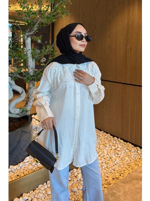İmaj Butik Ekru Taş Detaylı Gömlek