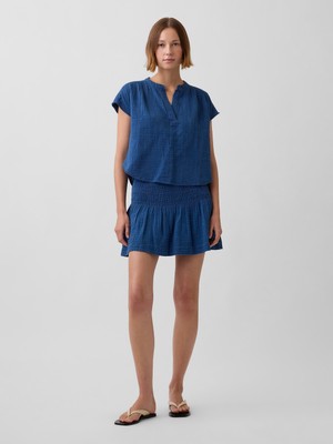 Gap Kadın Mavi Pamuk Gauze Denim Smocked Waist Mini Şort