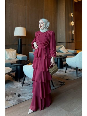 İmaj Butik Bordo Eteği Katlı Abiye