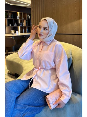 İmaj Butik Pembe Bel Bağlamalı Düğmeli Gömlek