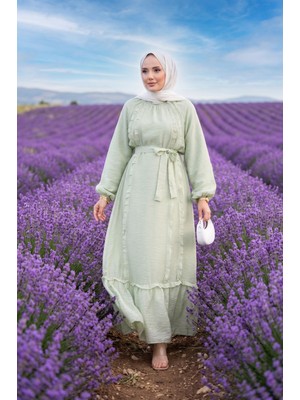 Lab Fırfırlı Kuşaklı Tesettür Elbise Mint