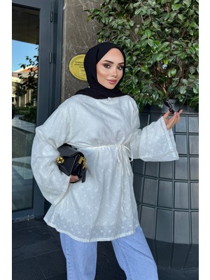 İmaj Butik Ekru Geniş Kol Nakış Işlemeli Tunik