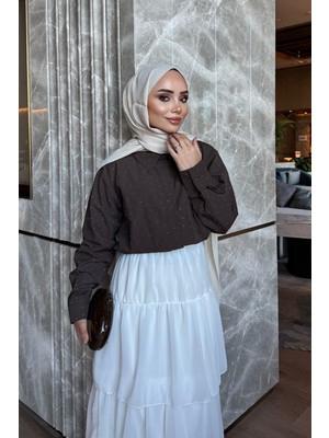 İmaj Butik Kahverengi Taş Detaylı Gömlek
