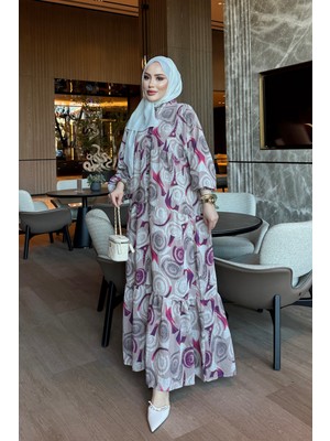 İmaj Butik Vizon Yarım Düğmeli Kol Lastikli Desenli Viskon Elbise