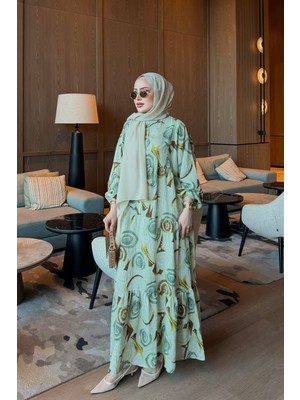 İmaj Butik Olive Yarım Düğmeli Kol Lastikli Desenli Viskon Elbise