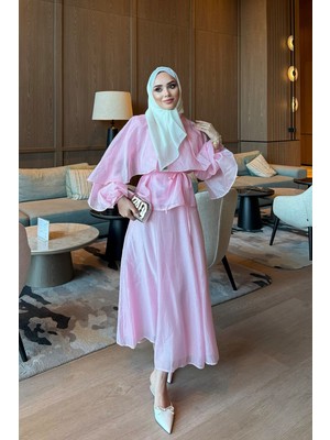 İmaj Butik Pembe Kol Yaka Detaylı Etekli Takım