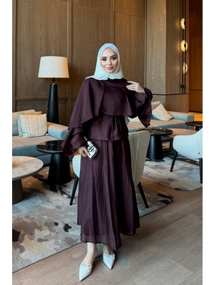 İmaj Butik Mürdüm Kol Yaka Detaylı Etekli Takım