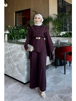 İmaj Butik Mürdüm Yaka Şal Detaylı Tunik Pantolonlu Takım