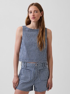 Gap Kadın Lacivert Gingham Denim Crop Shell Kolsuz Üst