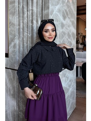 İmaj Butik Siyah Taş Detaylı Gömlek
