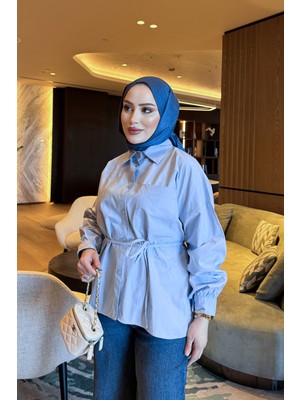 İmaj Butik Buz  Mavi Bel Bağlamalı Düğmeli Gömlek