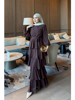 İmaj Butik Kahverengi Eteği Katlı Abiye