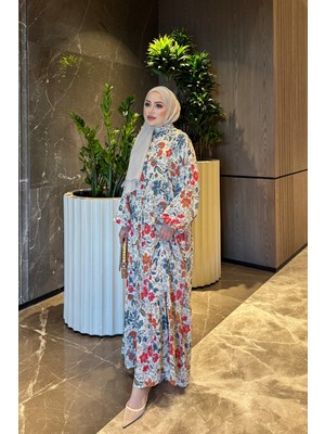 İmaj Butik Nar Çiçeği Yarım Düğmeli Kol Lastikli Desenli Viskon Elbise