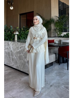 İmaj Butik Ekru Yaka Şal Detaylı Tunik Pantolonlu Takım