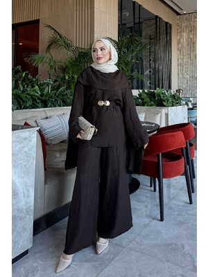 İmaj Butik Kahverengi Yaka Şal Detaylı Tunik Pantolonlu Takım
