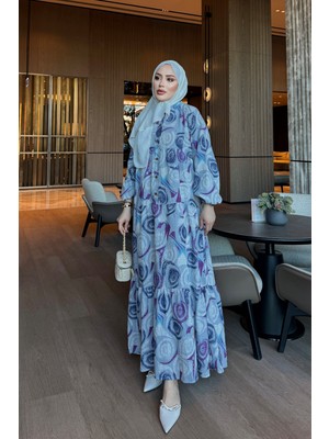 İmaj Butik Gri Yarım Düğmeli Kol Lastikli Desenli Viskon Elbise