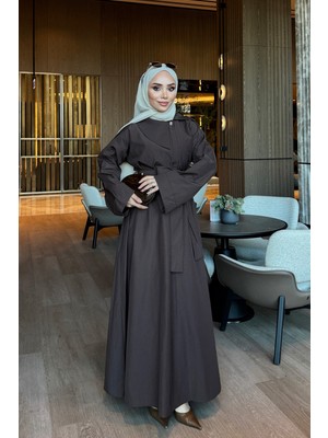 İmaj Butik Kahverengi Yaka Detaylı Poplin Elbise