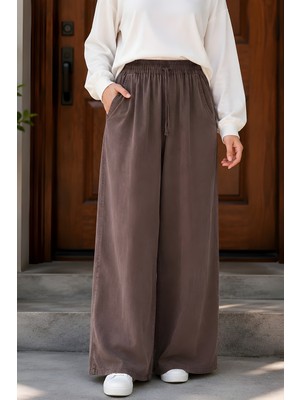 İmaj Butik Kahverengi Çift Cepli Bel Lastikli Tencel Pantolon