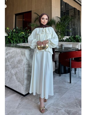 İmaj Butik Ekru Yaka Bağlamalı Katlı Etekli Takım