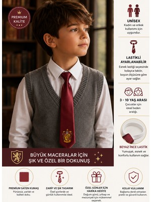 Herşey Nota Harry Potter Gryffindor Kravat Bordo Renk Ayarlanabilir Lastikli 3-10 Yaş Unisex Çocuk Kravatı