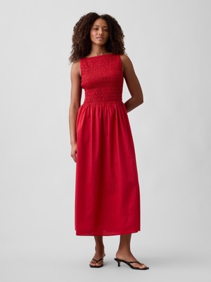 Gap Kadın Koyu Kırmızı Smocked Boatneck Maxi Elbise