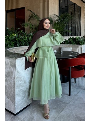 İmaj Butik Mint Yeşili Kol Yaka Detaylı Etekli Takım