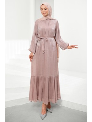 İmaj Butik Pudra Çiçek Bronşlu Şifon Elbise