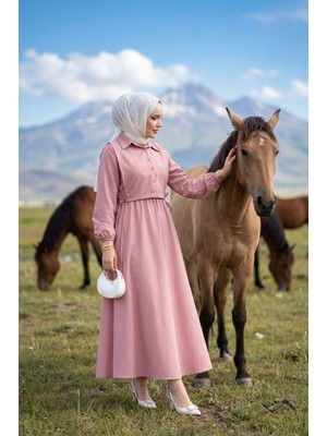 TKM Bolerolu Çizgili Elbise Takım Pembe