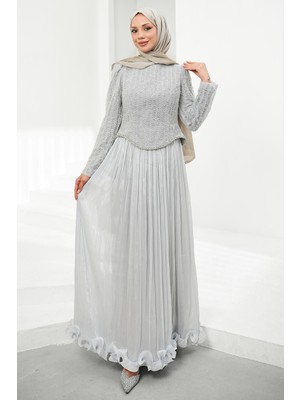 İmaj Butik Gri Üstü Pul Payetli Eteği Fırfırlı Abiye
