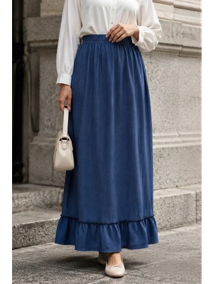 İmaj Butik Indigo Etek Ucu Fırfırlı  Bel Lastikli Bürümcük Etek