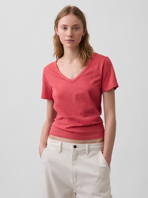Gap Kadın Kırmızı Organik Pamuk Vintagesoft V-Yaka T-Shirt