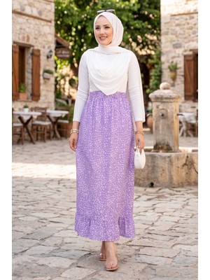 Nz Çiçek Desen Beli Lastikli Etek Lila