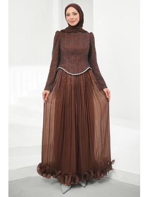 İmaj Butik Kahverengi Üstü Pul Payetli Eteği Fırfırlı Abiye