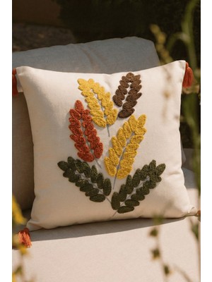 Destiva Home Çiçek Desenli Kiremit Püsküllü Gizli Fermuarlı Pamuk Punch Nakışlı Kırlent Kılıfı 42X42CM